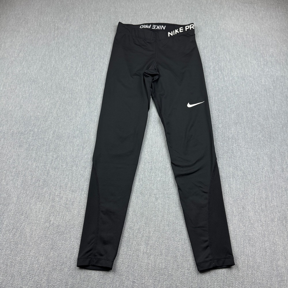 Nike Pro Leggings Womens Small Black Dri Fit 27" Full Length Swoosh Gym Workout